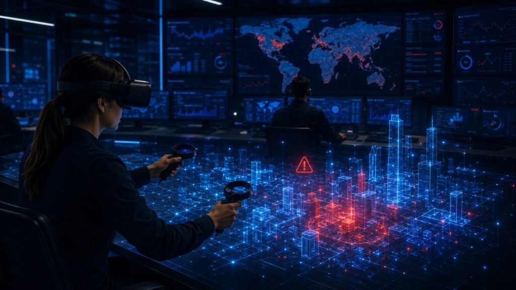 A person wearing a VR headset analyzes a 3D digital city with a cybersecurity alert while large data dashboards display maps and charts in the background.